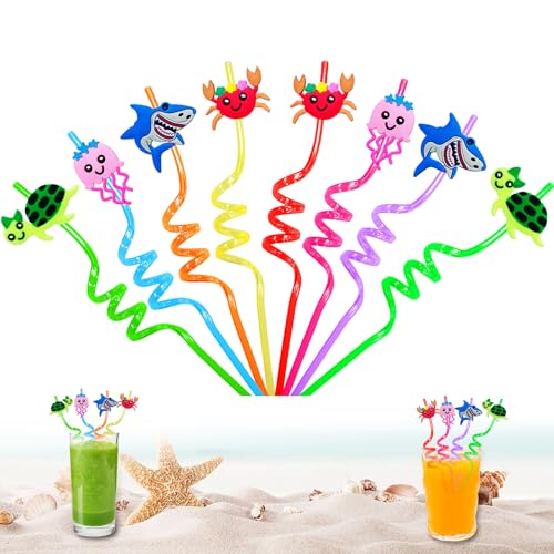 8 Pièces Theme Animaux Marins Pailles Réutilisables Enfants avec Brosse de Nettoyage, Pailles Curly pour Anniversaire Enfant, Décoration Table Fête Ocean