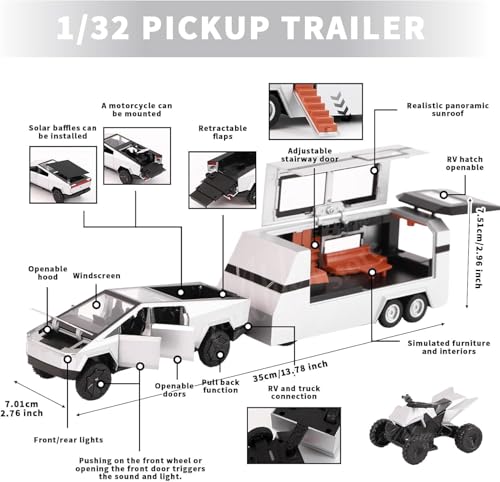 Image of 1 /32 Tesla Cybertruck Toy Pickup Trailer RV Model Kit with Beach Motorcycle for Kids (Silver)