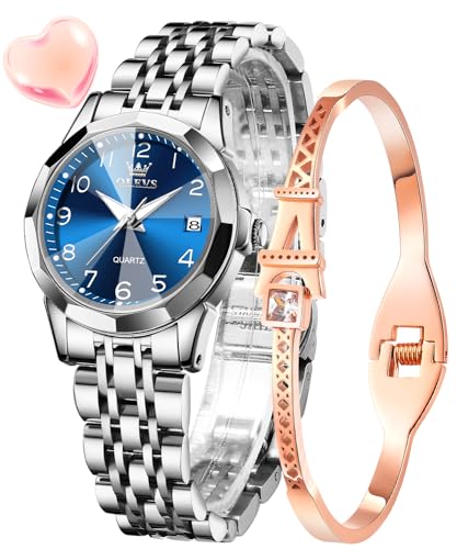 OLEVS Montre Femme Analogique Quartz Acier Inoxydable Étanche Lumineuse Cadran Facile à Lire Chic Élégante Cadeau