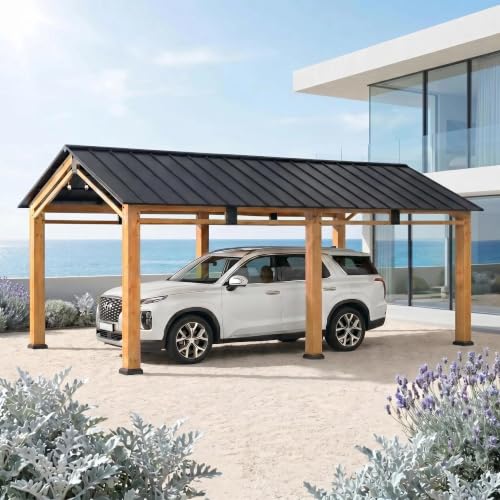 SUNJOY Carport für den Außenbereich 6 1 x 3 6 m dickere 10 cm Pfosten pulverbeschichtetes Stahldach Robustes Carport UV-beständig und wasserdicht Gartenpavillon für SUV LKW und PKW Schwarz