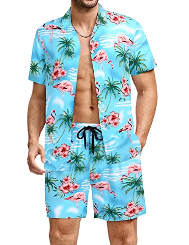 COOFANDY Herren Hemd Hawaii Flamingo Blumenmuster Hawaiihemd Set Kurzarm...