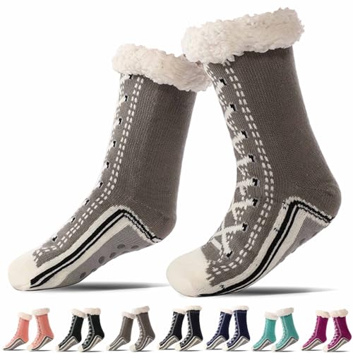 Yeluptu Ultra-Thick Cashmere Slipper Home Socks, Cashmere Socks for Women, Christmas Slipper Socks for Women (Grey,3X-Large)