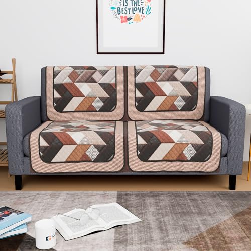 Image of Kuber Industries Set of 4 Velvet 2 Seater Sofa Covers for Living Room | Easy Machine Washable Sofe ke cover for Home Comfort | Triangular-Cream & Brown