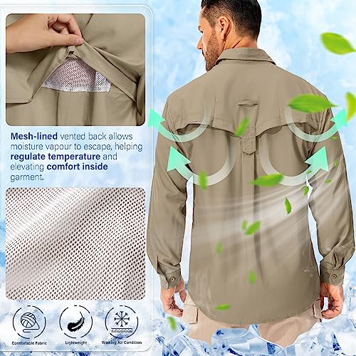 mosingle Men's Long Sleeve Hiking Shirt, Sun UV Protection Safari Fishing Outdoor Shirt Quick Drying Lightweight Walking Travel Shirts #5053-Khaki-L - Image 3