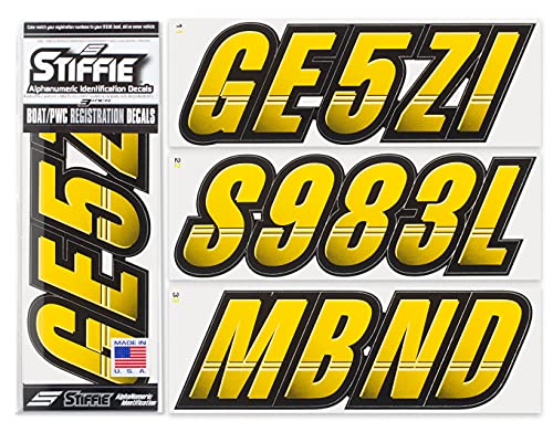 Stiffie Techtron Yellow/Black 3" Alpha-Numeric Registration Identification Numbers Stickers Decals For Boats & Personal Watercraft #TOP22
