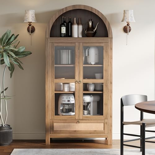 CHYMSUN 71” Tall Arched Kitchen Pantry Cabinet, Modern Farmhouse Hutch Storage Cabinets with Large Drawer and Glass Doors for Kitchen, Dining Room, Living Room, Natural