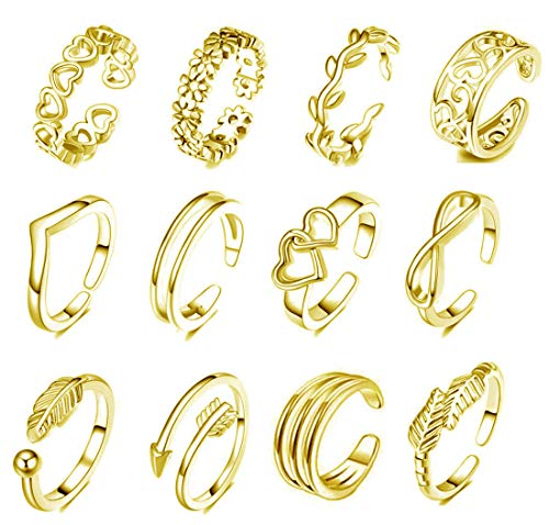 Loohfly 12PCS Adjustable Toe Rings for Women Simple Leaf Ring Arrow Band Open Tail Ring Women Summer Beach Foot Jewelry Set