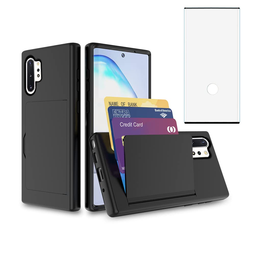 AsuwishPhone Case for Samsung Galaxy Note 10 Plus Glaxay Note10+ 5G with Screen Protector Cover and Credit Card Holder Stand Hybrid Cell Gaxaly Note10 + Notes 10+ Ten Not S10 10Plus Women Men Black