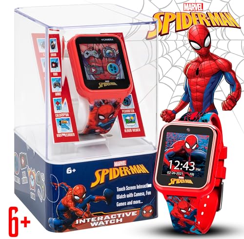 accutime marvel spider-man red educational touchscreen smart watch toy for boys girls toddlers - selfie cam learning games alarm calculator pedometer and more model spd4588az