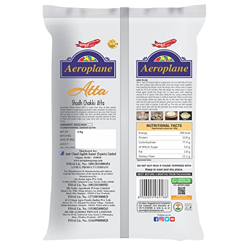 Image of Aeroplane Fresh Chakki Atta, 20kg Wheat Flour Sudh Atta Rich in Fiber & Protein (5kg x 4Pcs)