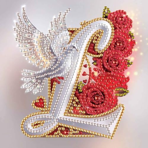 Image of AiYuanzsh 5D Diamond Art Kits for Adults Letter L, Lovely Floral Rose & Dove DIY Diamond Painting Kit for Beginners, Special Shape Alphabet Diamond Art Craft for Home Wall Display 17x17cm