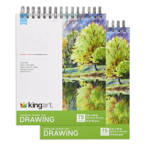 KINGART Drawing Paper Pad Set – 8x10 Inch, 2-Pack – 75 Sheets Each (70 lb / 110 GSM), Finely Textured Acid-Free Paper – Top Spiral-Bound Sketchbooks