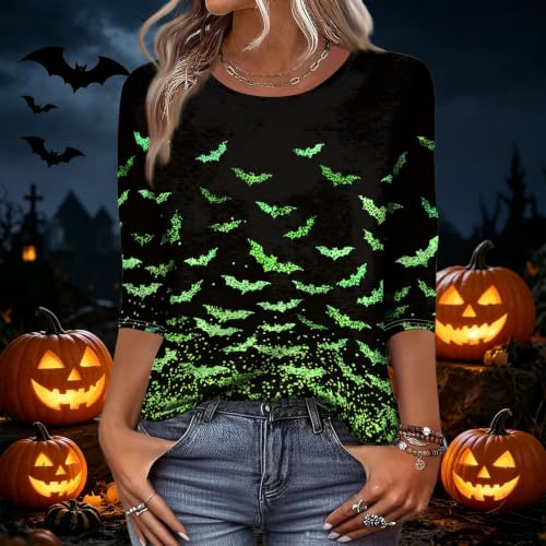 Image of Women Spooky Halloween Graphic Shirt 3 /4 Length Sleeve Crewneck Top | Halloween Funny Printed Pumpkin Plus Size Tshirts 2026 Fall Outfits Skeleton Tee Going Out Tops