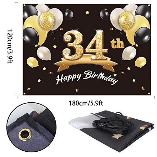 Pakboom Happy 34Th Birthday Banner Backdrop - 34 Birthday Party Decorations Supplies For Men - Black Gold 4 X 6Ft #TOP1