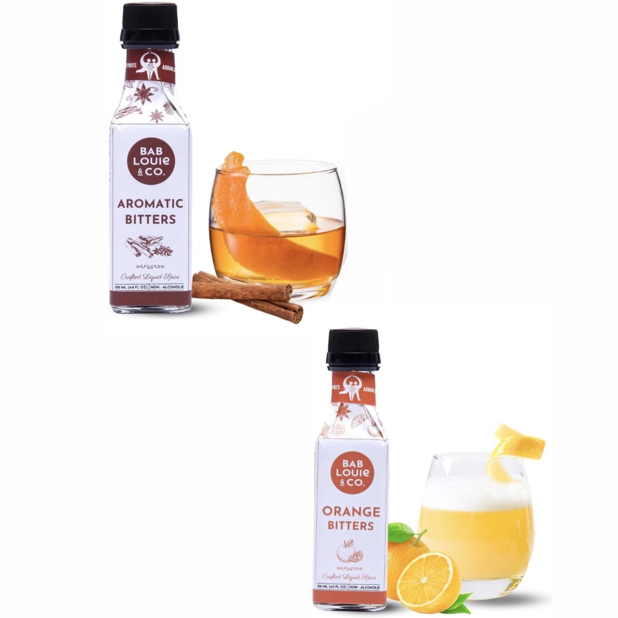 Bablouie Combo Aromatic Spiced & Orange Bitters, Non-Alcoholic Bitters (120ml/4 Fl Oz Each), Handcrafted with Indian Herbs & Spices, Gluten-Free, No Added Sugar for Old Fashioned, Gin & Tonic Cocktail