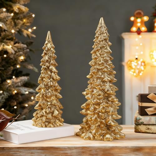 Set of 2 Gold Glitter Resin Trees,Small Pine Tree Figurines
