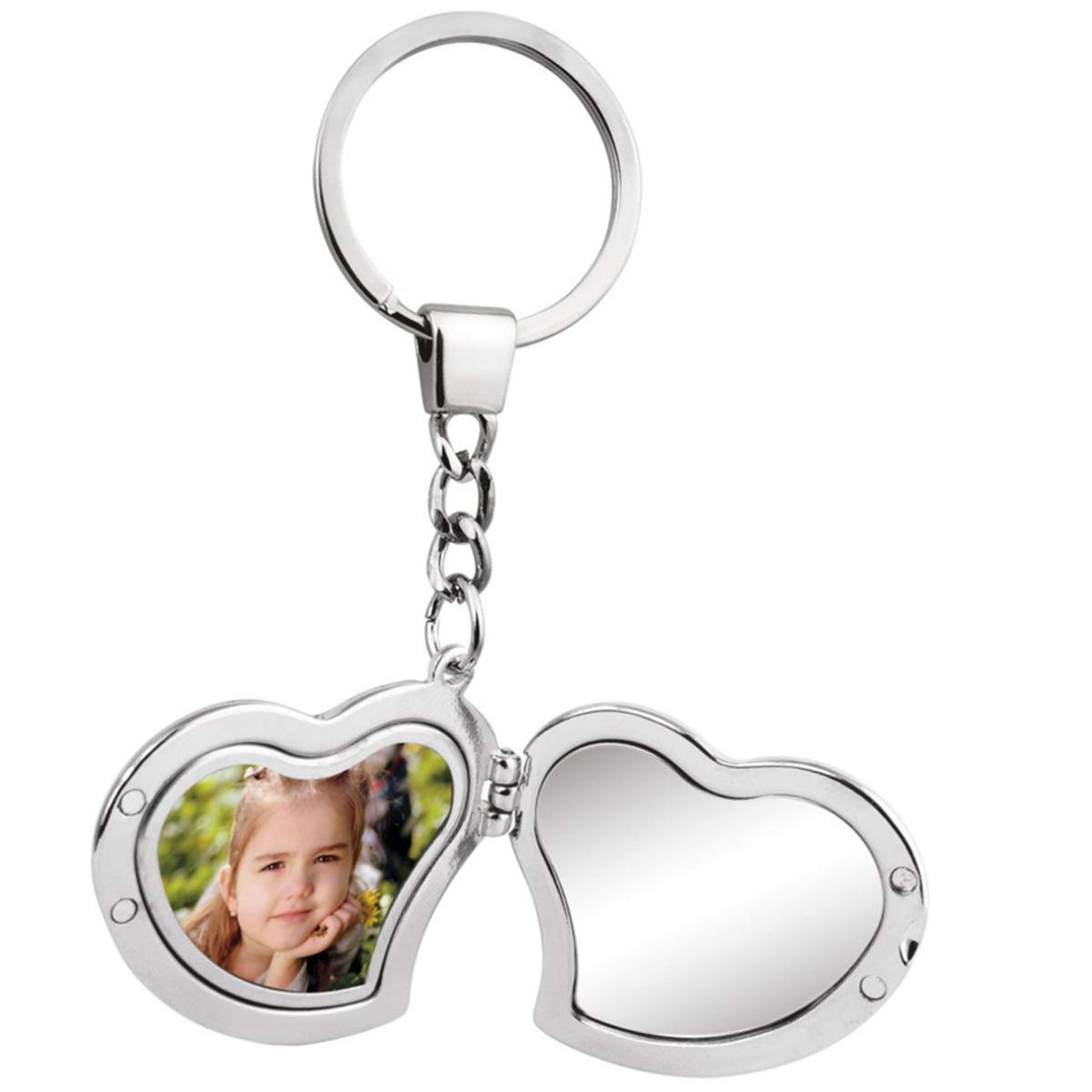 Herz Schlüsselanhänger mit Fotorahmen & Spiegel – Silber Plattiert & Versilbert – 10,5x4,5 cm Premium Geschenkidee