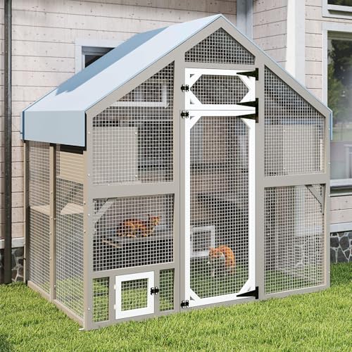 Ketive Cat Catio Outdoor Enclosure for Multiple Cats, Large Wooden Walk-in Cat House with Window Connection, 2 Condos, Platforms, Doors, and Weatherproof Roof Cover (69.5