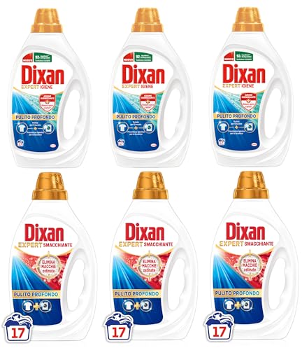 Dixan Expert Detersivo Lavatrice Liquido, 3 Confezioni Smacchiante + 3 Confezioni Igiene, 6 x 17 lavaggi - 120 Lavaggi. Rimuove le macchie da 20°C