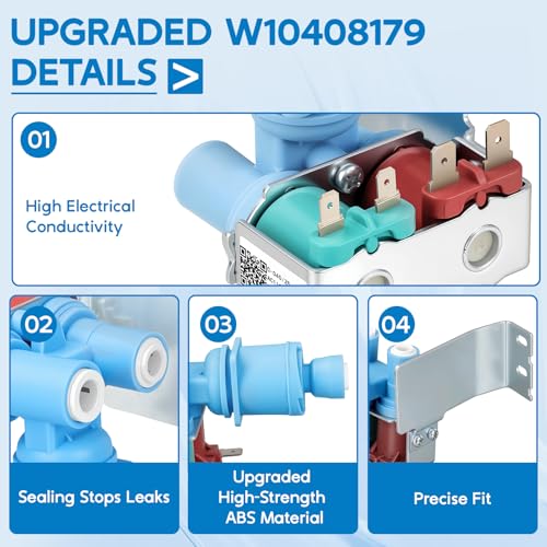 Image of Upgraded W10408179 Refrigerator Water Inlet Valve Fit for Whirl-pool Ken-more May-tag Ice Maker, WPW10179146 Water Valve with Tubing Connector Replaces 4389177 W10445780