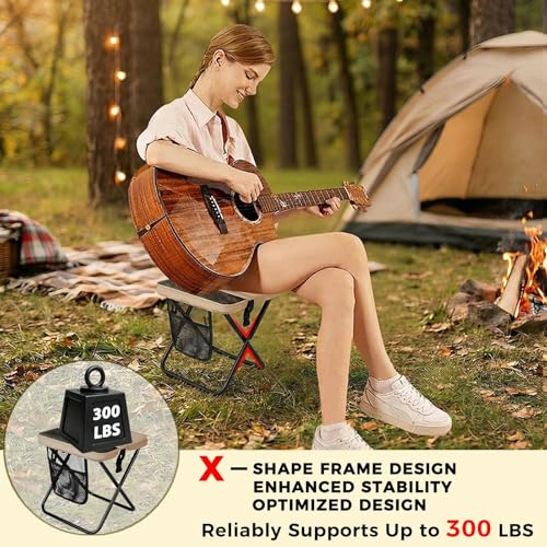 Image of Portable Folding Stool - 16 inch Tall Collapsible Backpack Stool with Storage Pouch, Hands-Free Carry & Supports 300 lbs, Ultralight for Hiking, Fishing, Camping, Festivals (Khaki, Large)