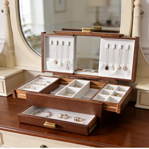 Image of Multi Layer Jewelry Organizer Desktop Storage Box 21.5''L | Made of Solid Wood with Soft Velvet Lining | Multi Layer Drawers with Built in Mirror | Large Capacity Storage | Ideal Gift