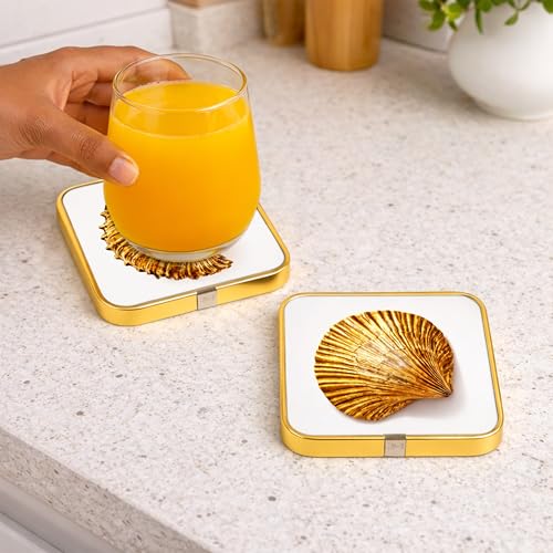 Image of Goelite Stylist Modern Wooden Coasters with Golden Border, Set of 6 with Stand, Handmade for Tea Cups, Coffee Mugs, Beer Mugs, 10 x 10 cm (Marble Pattern)