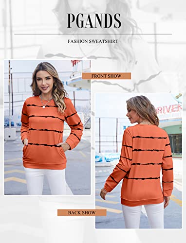 Pgands Women's Casual Crewneck Color Block Sweatshirts Long Sleeve Striped Printed Tunic Tops Cute Lightweight Pullovers With Pocket D- Orange #TOP4