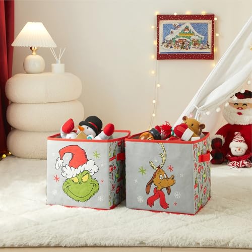 Image of Idea Nuova Storage Cubes for Kids,2 Pack Collapsible Fabric Bins with Handles, Holiday Organizer Boxes for Bedroom, Playroom & Nursery, Festive Christmas Storage Baskets,Grinch Dr. Seuss