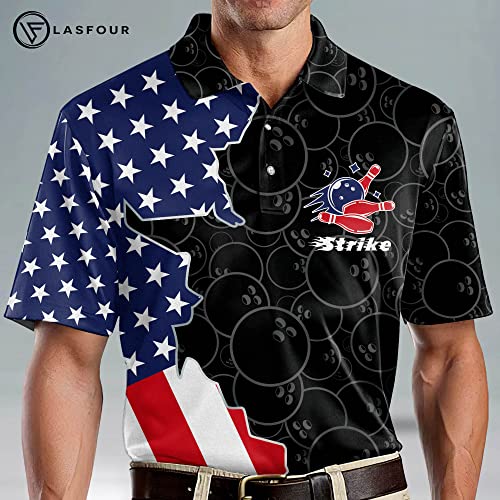 LASFOUR Personalized USA Bowling Shirts for Men, Men's Bowling Polo Shirt Short Sleeve, Crazy Bowling Team Flag Shirt for Men4