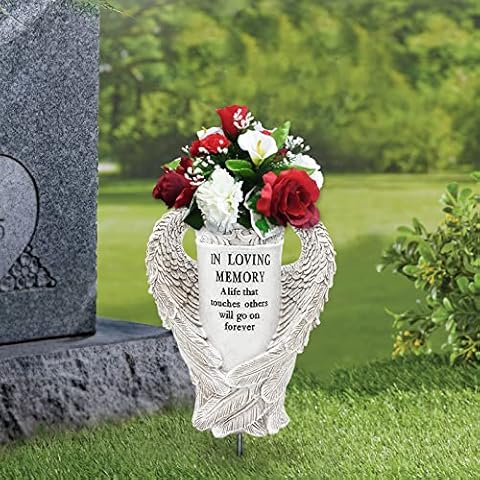 Grave Decorations for Cemetery, Angel Wings Vases with Spikes for Garden Decorations Waterproof Garden Statues Memorial Gifts for Loss of Loved One Cover