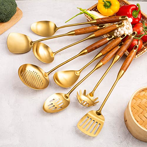 Gold Kitchen Utensils Set With Wooden Handle, 8 Pcs Brass Stainless Steel Cooking Utensil - Spatula, Ladle, Solid Serving Spoon, Slotted Serving Spoon, Skimmer Spoon, Spaghetti Server, Slotted Spatula #TOP3