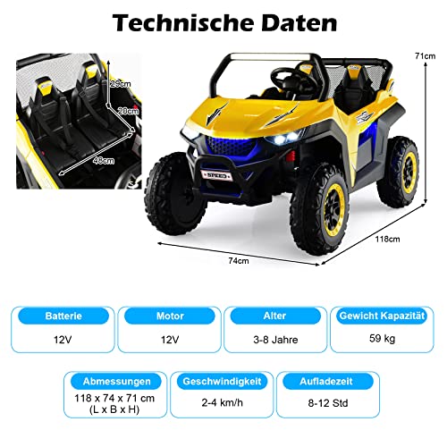 COSTWAY 2 Sitzer Kinderauto mit 2,4G Fernbedienung, 12V Kinder UTV mit Musik und Scheinwerfer, Elektro Auto 2-4 km/h, für Kinder ab 3 Jahren (Gelb)