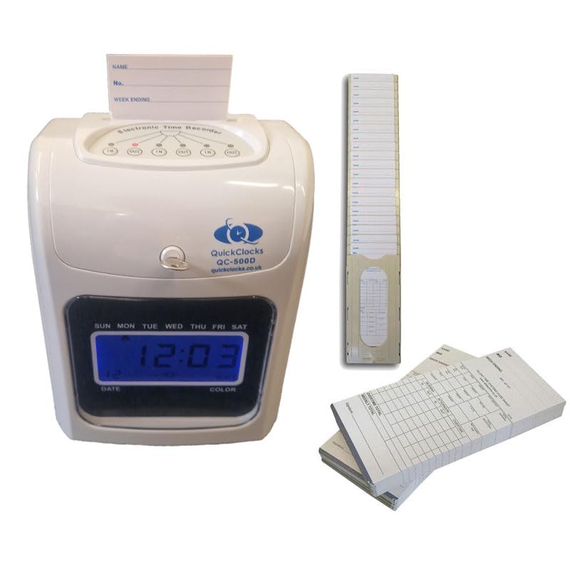 QuickClocks Clocking In Machine QC500D Starter Pack Time and Attendance Recorder ideal clocking in machines for small business includes 200 weekly clock cards and a 20 position clock card rack — image 1