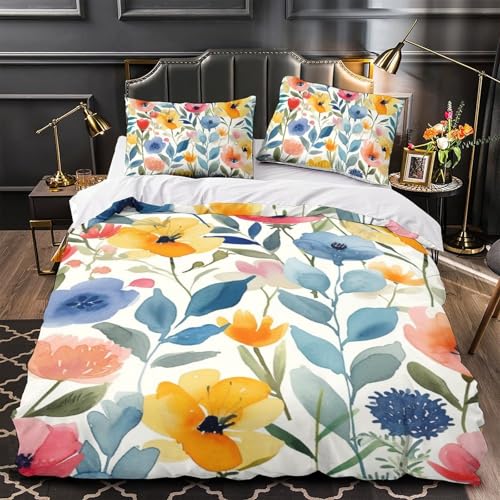 Housse de couette fleurs aquarelle 3D en microfibre 140x200 cm avec taie d'oreiller