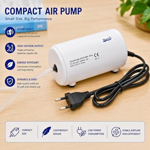 Image of VAYINATO BlueScale KE-511 Single Way Ultra Silent Aquarium Air Pump 2W - Oxygen Pump, High Air Output 1 x 3L /min, Energy-Efficient Aerator with 2M Air Tube & 1 Air Stones, Suitable Aquariums