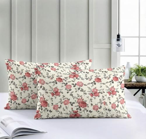 Image of Trance Home Linen 200 TC 100% Cotton Printed Pillow Covers | Pillow Cases | Set of 2 Piece Pillow Covers only |Large Size (20 X 30 inch, Blooms Coral)
