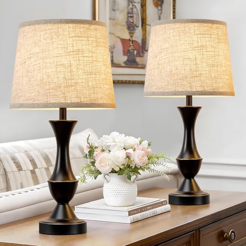 Image of Luvkczc Table Lamp Set of 2, 19 inch Farmhouse Vintage Bedside Lamps | for Living Room & Bedroom, Linen Shade Desk Lamps for Nightstand, Office, Study(Bulb not included)
