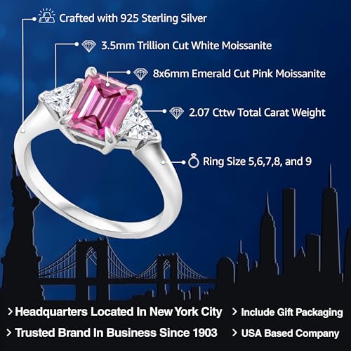 Gem Stone King 2.07 Cttw Pink and White Moissanite 3-Stone Ring | 925 Sterling Silver | 3 Stone Wedding Engagement Anniversary Promise Ring For Women | Emerald Cut 8X6MM | Trillion 3.5MM2