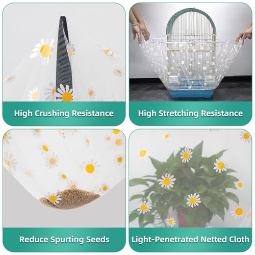 Image of Bird Cage Seed Catcher, Seed Catcher Guard Net Cover, Parrot Nylon Mesh Net Cover, Universal Soft Airy Cage Net Stretchy Skirt for Round Square Cages (Daisy-White, 15.7 inch x87 inch)