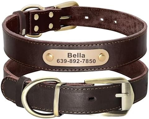 Didog Genuine Leather Dog Collars with Engraved Nameplate, Personalized Soft Leather Dog Collar with Custom ID Tag, Brown/Green/Red for Small Dogs (S,Brown)