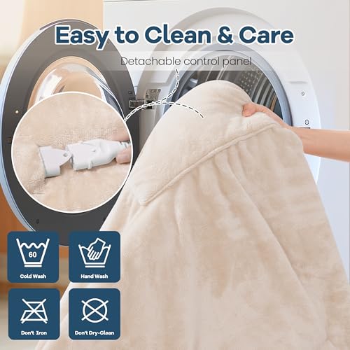 Image of Wearable Electric Blanket with Foot Pocket and Sleeves, Heating Throw Blanket, 6 Heating Levels & Auto Shut Off, Machine Washable (Long, Beige)