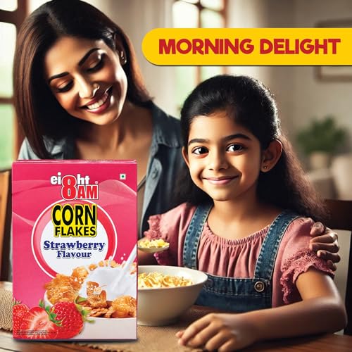 Image of 8:00 AM Corn Flakes Strawberry 300 Gram (Pack Of 3), Golden Corns & Strawberry, No Cholesterol, Trans Fat, Artificial Additives, Iron & Calcium, Crunchy & Nutritious Breakfast Cereal