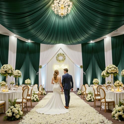 Image of 50ftx15ft Hunter Green Backdrop Curtains for Parties, Wrinkle Free Polyester Green Photo Backdrop Drapes 10 Panels 15 ft Long Back Drop Cloth for Wedding Birthday Photography Background