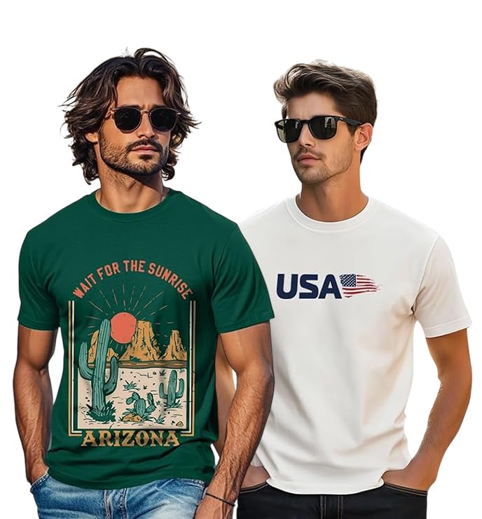 Image of Veirdo 100% Pure Cotton Regular Fit Cool & Trendy Front Printed Half Sleeve T-Shirt Combo for Men (Available Colors: Black, Navy, Swanwhite, White & Green)