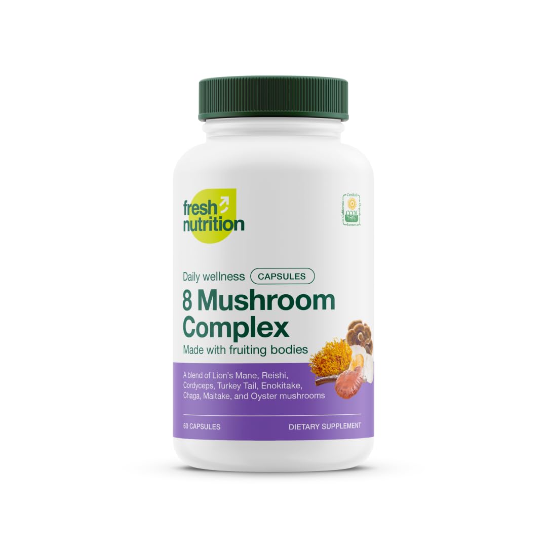 Fresh Nutrition Organic 8 Mushroom Complex Capsules - Made with Fruiting Bodies - Lion's Mane, Reishi, Cordyceps, Chaga, Enokitake, Turkey Tail, Maitake, and Oyster Mushrooms
