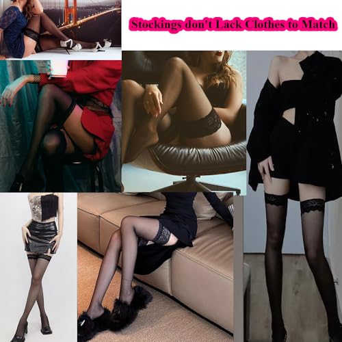 Image of Thigh High Stockings Lace Top, Women's Semi Sheer Sexy Stay Up Halloween Lingerie Thigh High Stockings