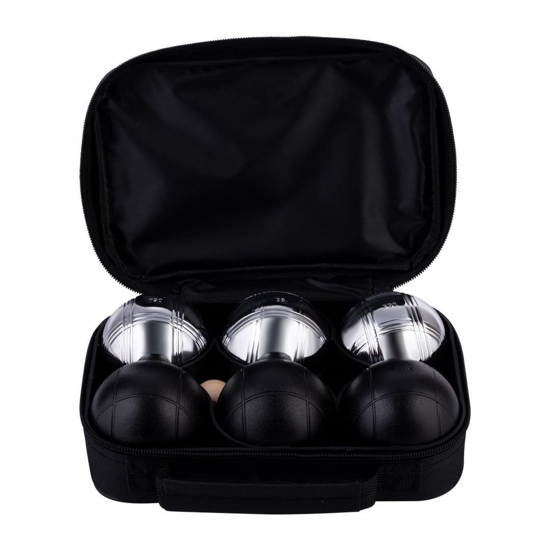 Engelhart Boules de Pétanque 6 Boules Métal 74 mm 720 g – 3 Noires et 3 Chromées avec Sac Nylon, Cochonnet, Cordon de Mesure et Ramasse-Boule Magnétique – Kit Extérieur Adulte – 010207 | Jeu complet 6 boules pour 2 joueurs avec boules noires/chromées, sac