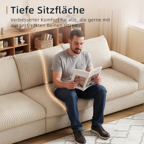 OLEYLUCKIDEA 268cm Modular Sofa Couch, Bequeme 3-Sitzer-Sofa mit Tiefer Sitzfläche & Weicher Polsterung，Cord Couch für Wohnzimmer, Beige