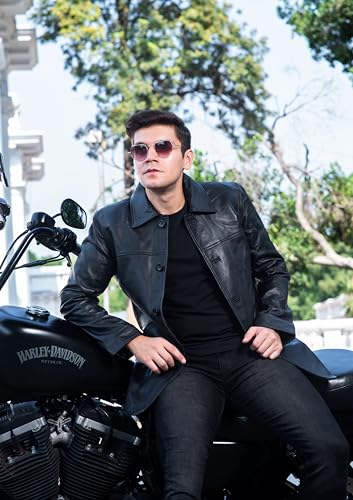 TLC Black Real Leather Trench Coat for Men – 3/4 Length Car Coat – Genuine Lambskin Jacket - Classic Button-Up Soft Coat Men4